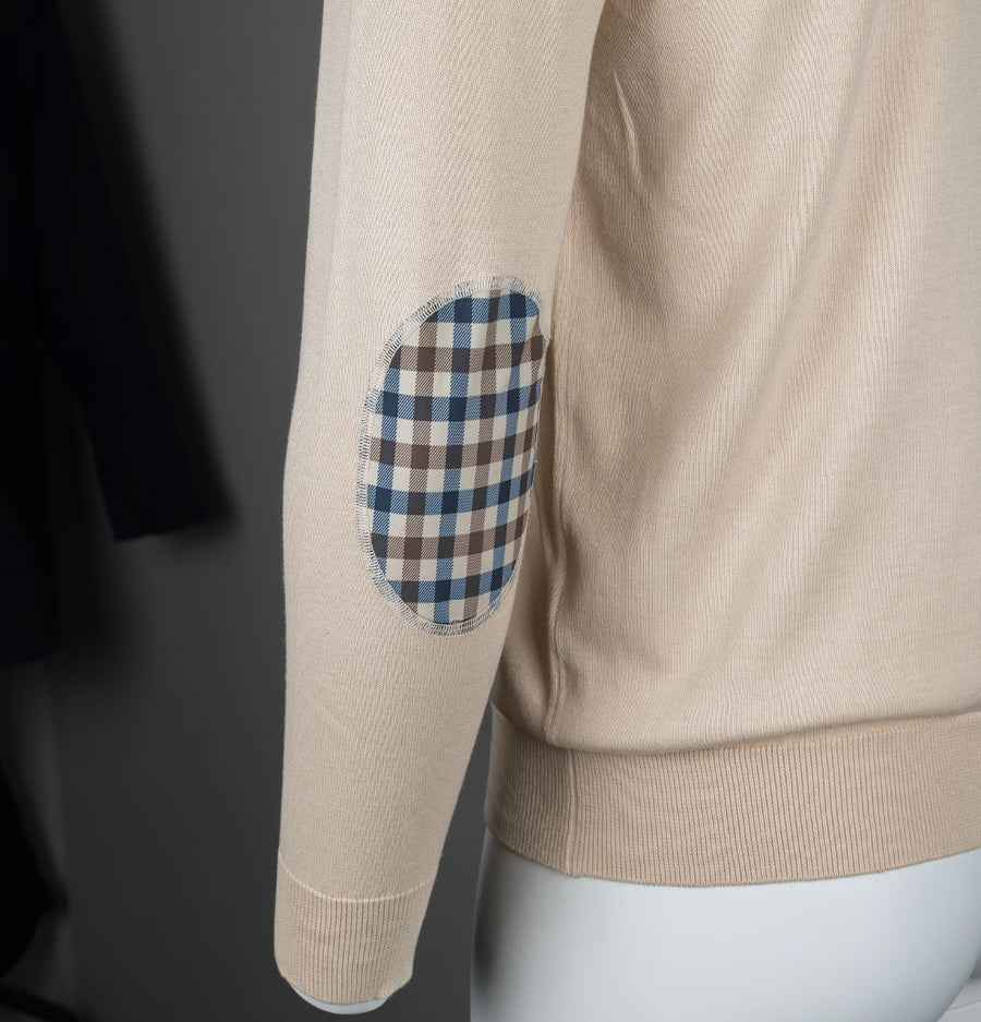 Aquascutum Check Sleeves Patch Knit Sweater Beige