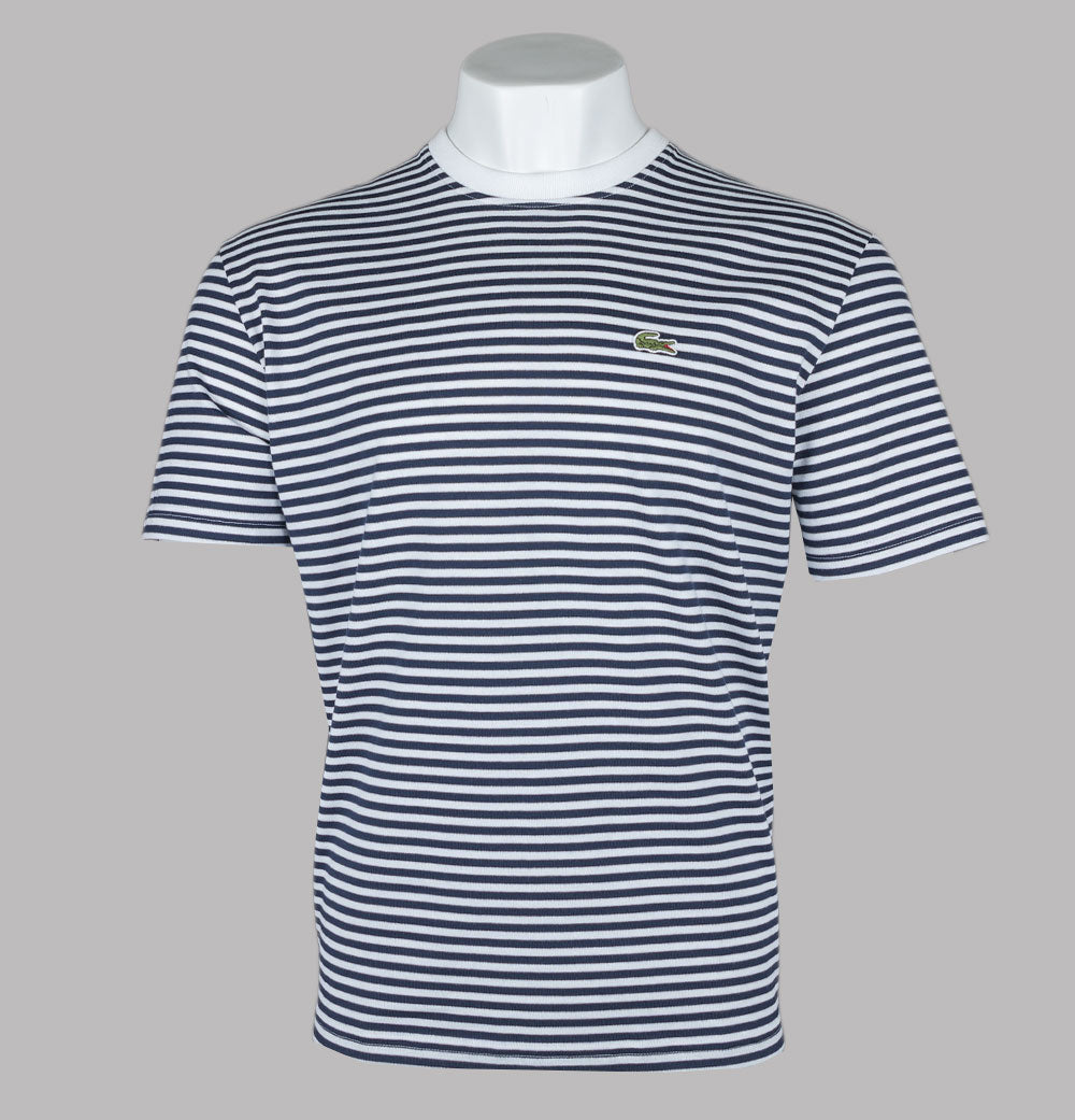 Lacoste Heavy Cotton Striped T Shirt White Navy Blue