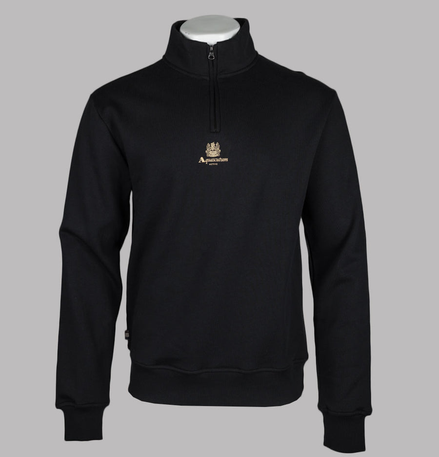Aquascutum Centred Logo 1/4 Zip Fleece Back Sweatshirt Black