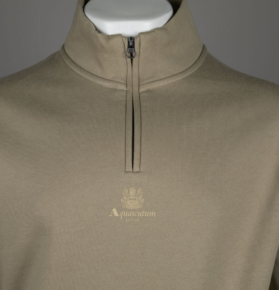 Aquascutum Centred Logo 1/4 Zip Fleece Back Sweatshirt Khaki