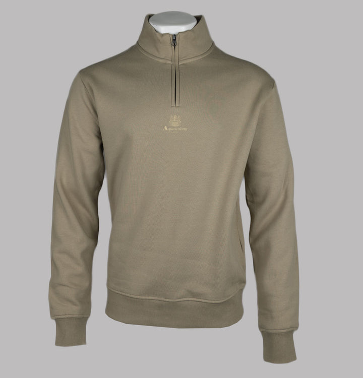 Aquascutum Centred Logo 1/4 Zip Fleece Back Sweatshirt Khaki