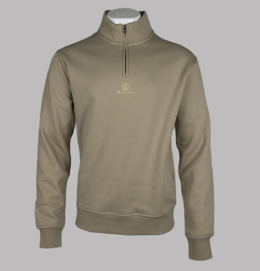Aquascutum Centred Logo 1/4 Zip Fleece Back Sweatshirt Khaki
