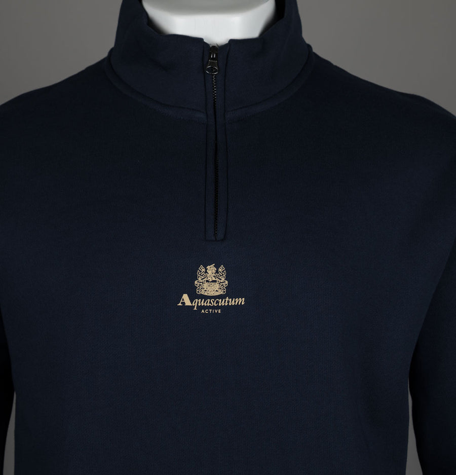 Aquascutum Centred Logo 1/4 Zip Fleece Back Sweatshirt Navy