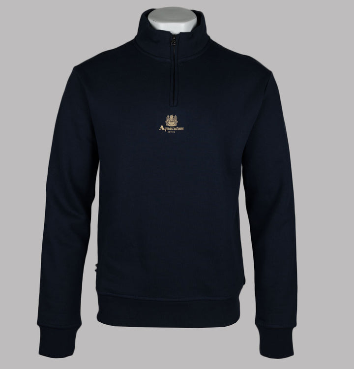 Aquascutum Centred Logo 1/4 Zip Fleece Back Sweatshirt Navy