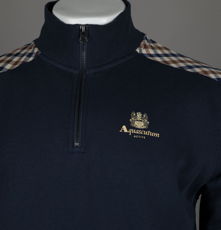 Aquascutum Club Check Shoulder 1/4 Zip Fleece Back Sweatshirt Navy