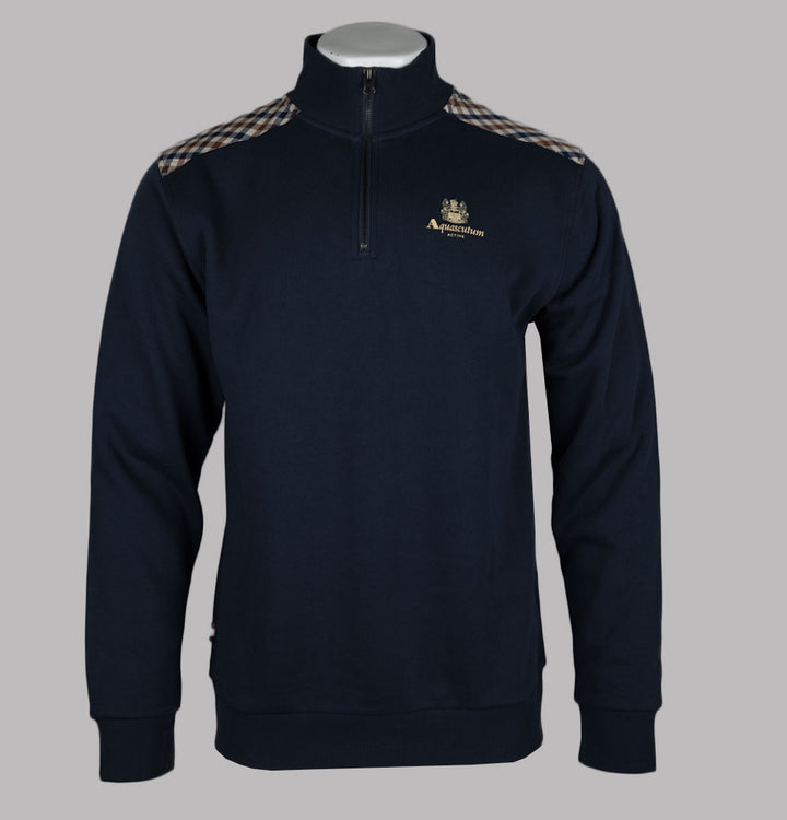 Aquascutum Club Check Shoulder 1/4 Zip Fleece Back Sweatshirt Navy