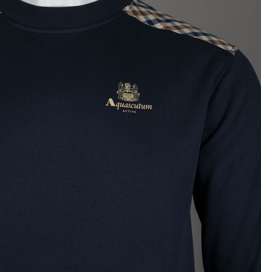 Aquascutum Club Check Shoulder Crew Neck Fleece Back Sweatshirt Navy