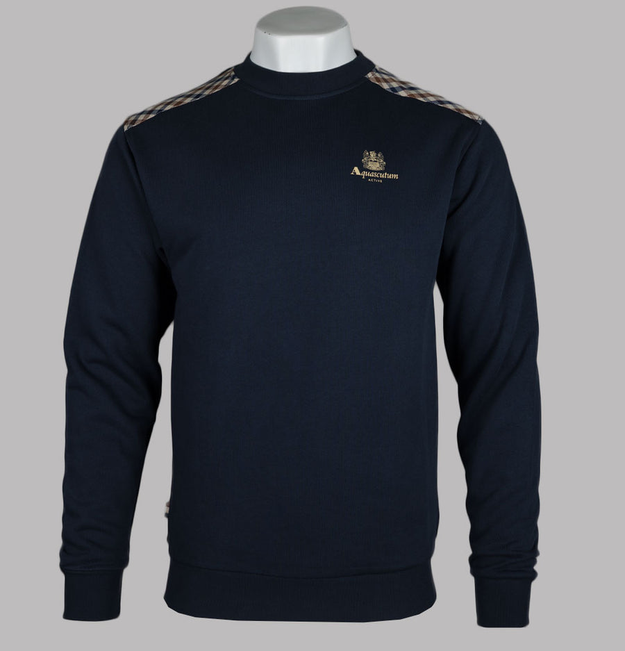 Aquascutum Club Check Shoulder Crew Neck Fleece Back Sweatshirt Navy
