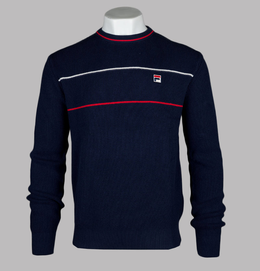 Fila Vintage Kallum Waffle Knitted Crew Neck Jumper Fila Navy/Gardenia/Fila Red
