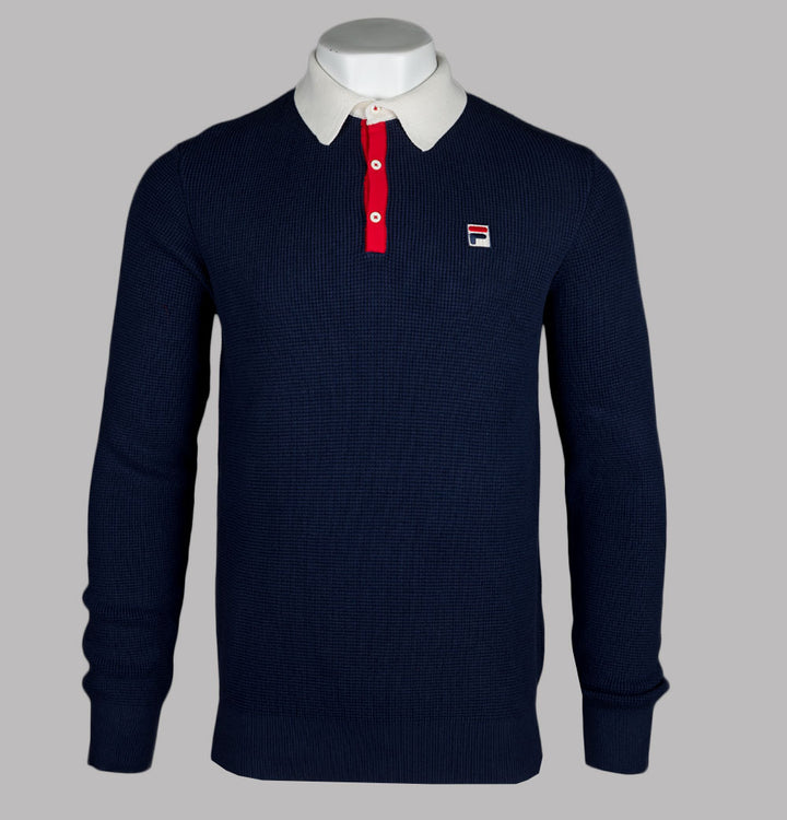 Fila Vintage Nowell Waffle Knitted LS Polo Shirt Fila Navy/Gardenia/Fila Red