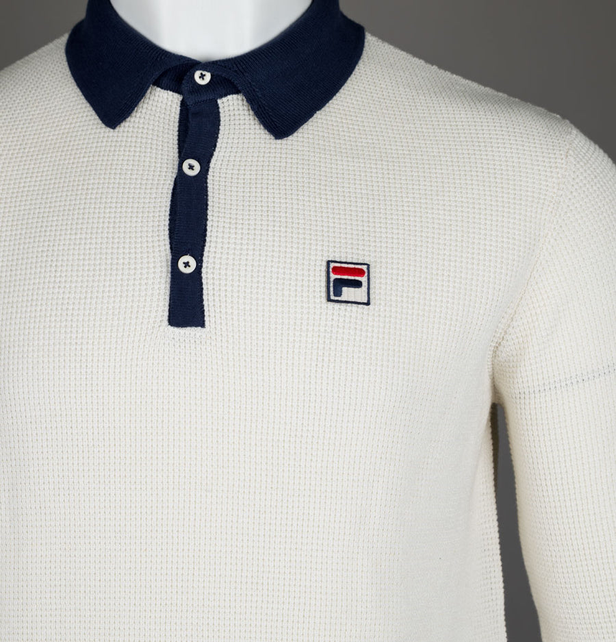Fila Vintage Nowell Waffle Knitted LS Polo Shirt Gardenia/Fila Navy