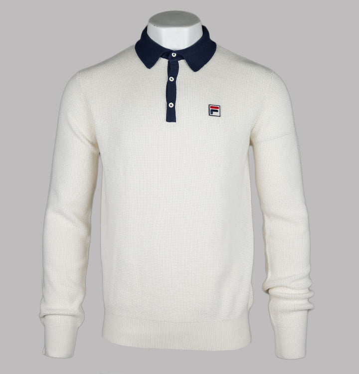 Fila Vintage Nowell Waffle Knitted LS Polo Shirt Gardenia/Fila Navy