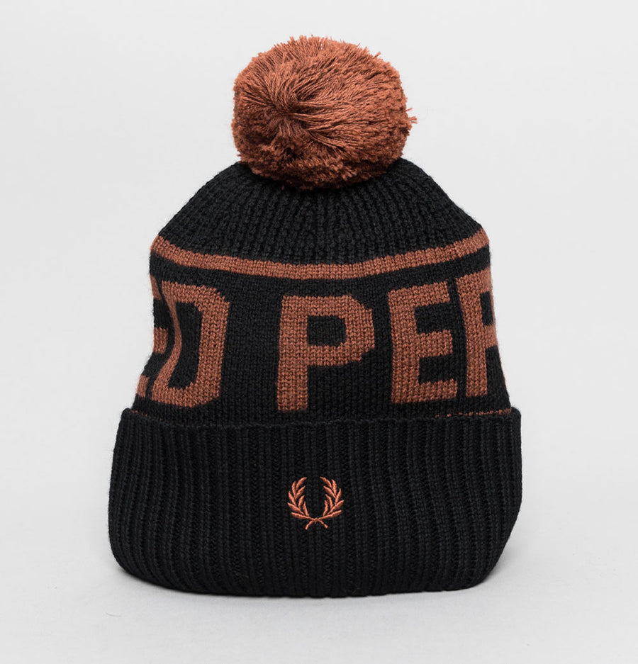 Fred Perry Chunky Knit Branded Bobble Beanie Black/Whisky Brown