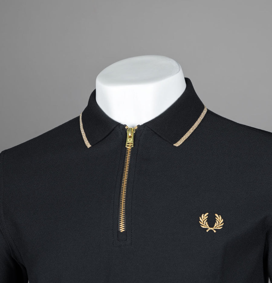 Fred Perry Crepe Pique Zip Neck Polo Shirt Black/Metallic Gold