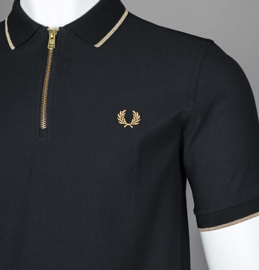 Fred Perry Crepe Pique Zip Neck Polo Shirt Black/Metallic Gold