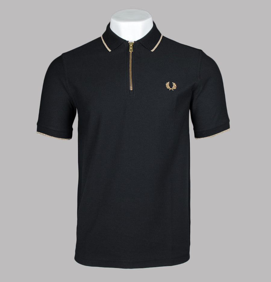 Fred Perry Crepe Pique Zip Neck Polo Shirt Black/Metallic Gold