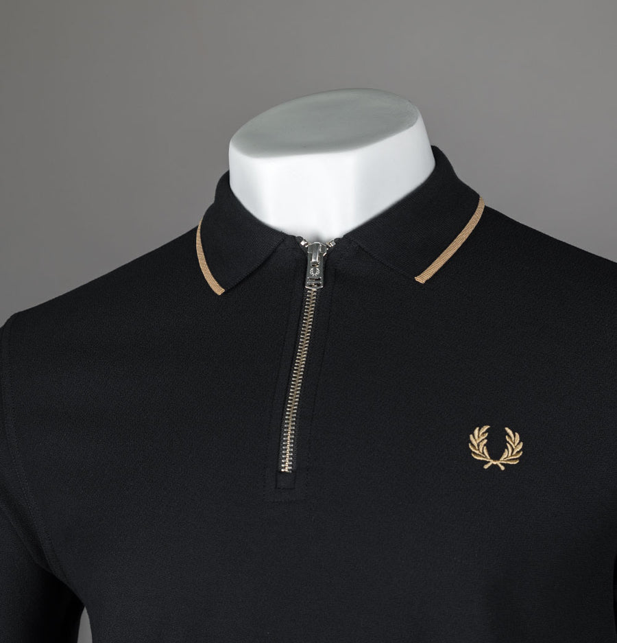 Fred Perry Crepe Pique Zip Neck Polo Shirt Black