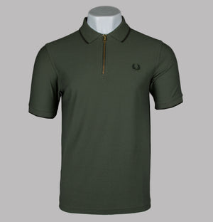 Fred Perry Crepe Pique Zip Neck Polo Shirt Laurel Wreath Green