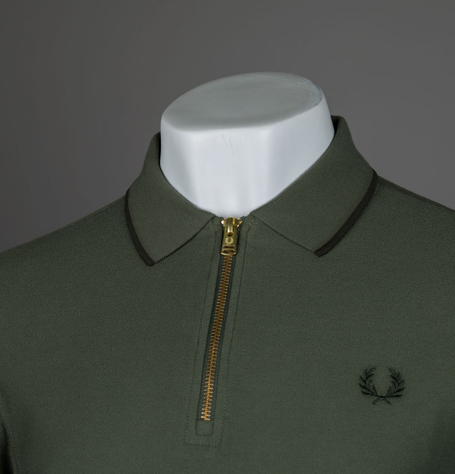 Fred Perry Crepe Pique Zip Neck Polo Shirt Laurel Wreath Green