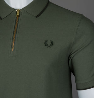 Fred Perry Crepe Pique Zip Neck Polo Shirt Laurel Wreath Green