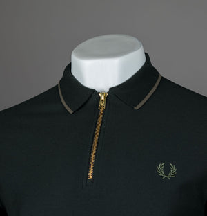 Fred Perry Crepe Pique Zip Neck Polo Shirt Night Green