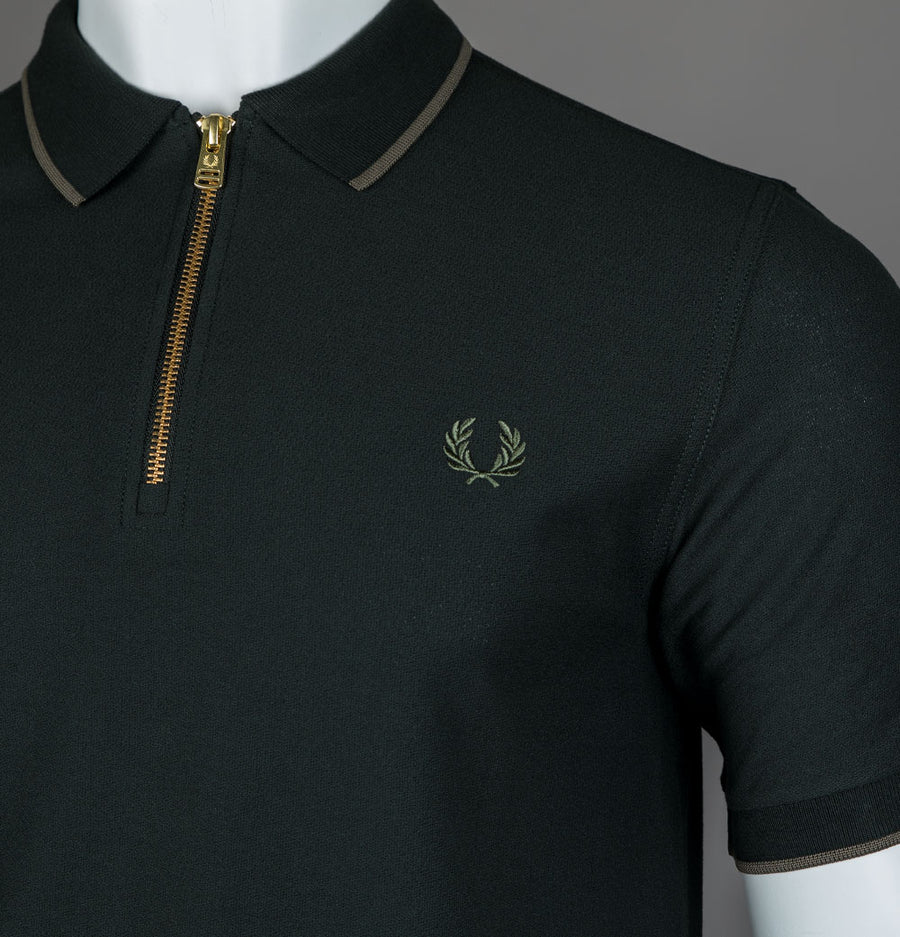 Fred Perry Crepe Pique Zip Neck Polo Shirt Night Green