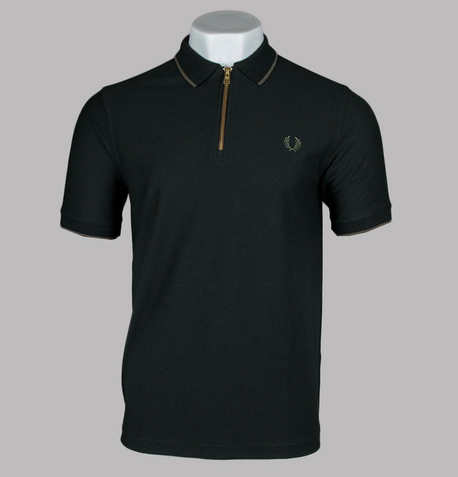 Fred Perry Crepe Pique Zip Neck Polo Shirt Night Green