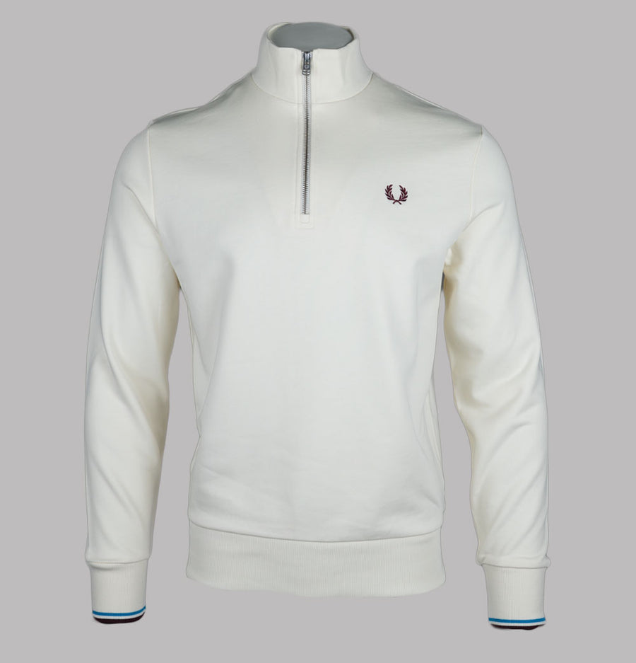 Fred Perry Half Zip Sweatshirt Ecru/Court Blue/Oxblood