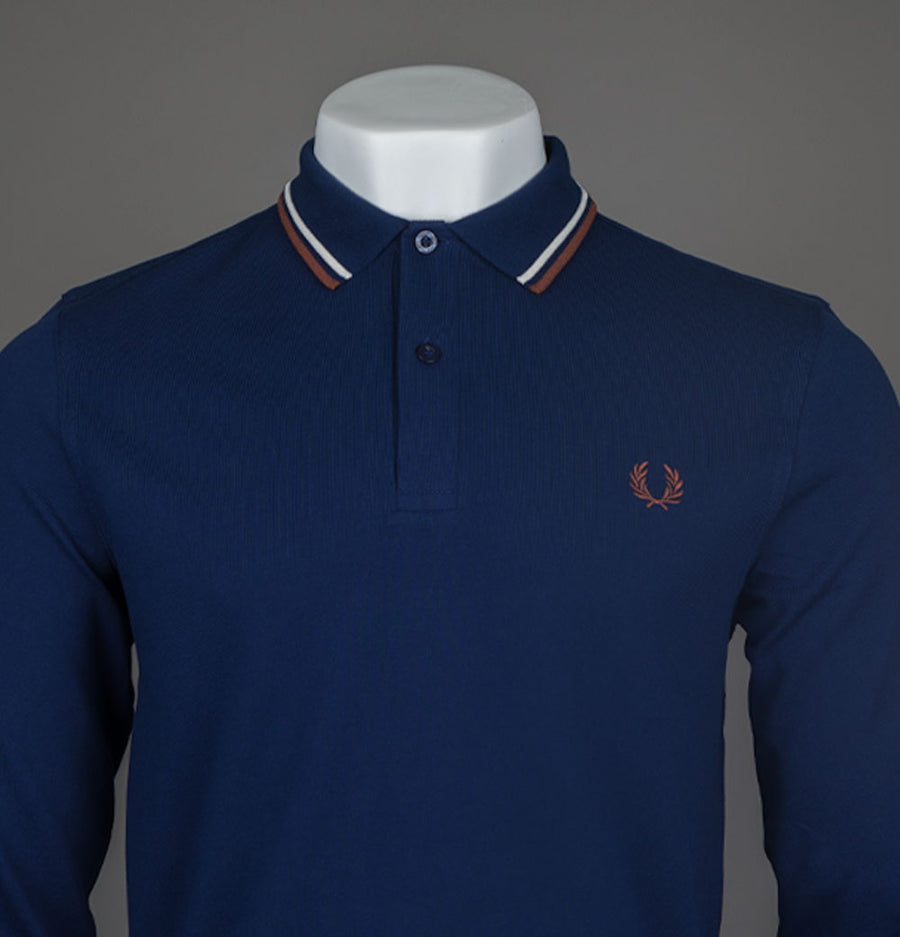Fred Perry LS Twin Tipped Polo Shirt French Navy/Ecru/Whisky Brown