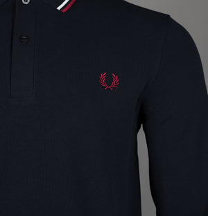 Fred Perry LS Twin Tipped Polo Shirt Navy/Snow White/Burnt Red