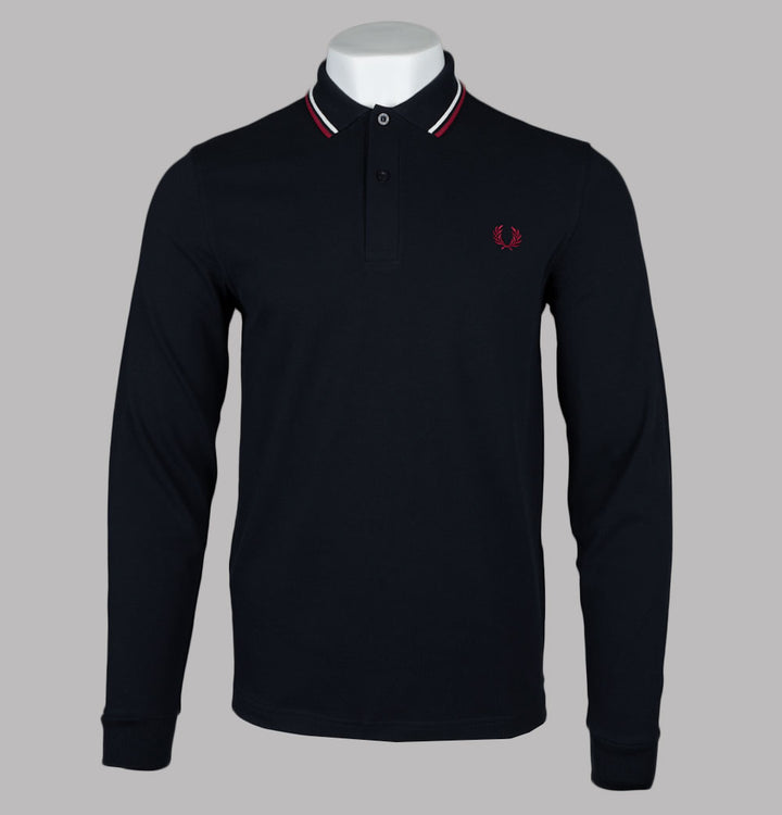 Fred Perry LS Twin Tipped Polo Shirt Navy/Snow White/Burnt Red