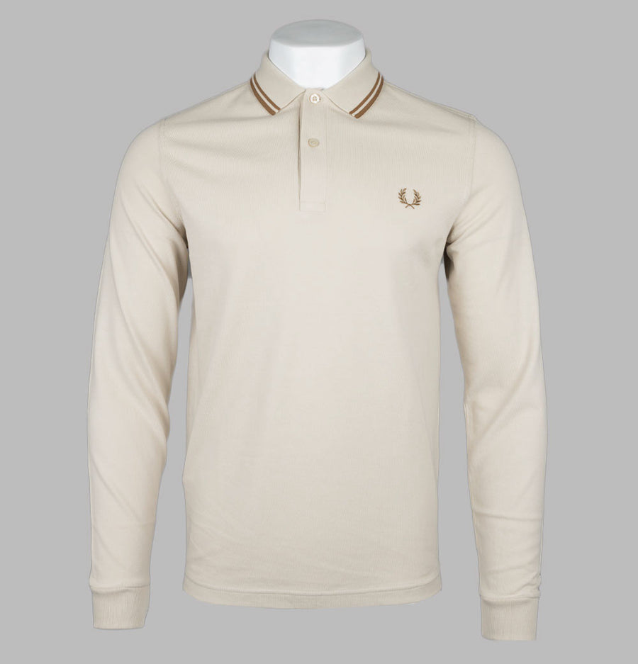 Fred Perry LS Twin Tipped Polo Shirt Oatmeal/Dark Caramel