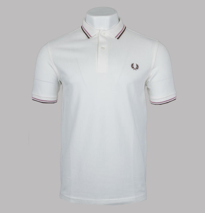 Fred Perry M3600 Polo Shirt Snow White/Deep Pink/Burnt Tobacco