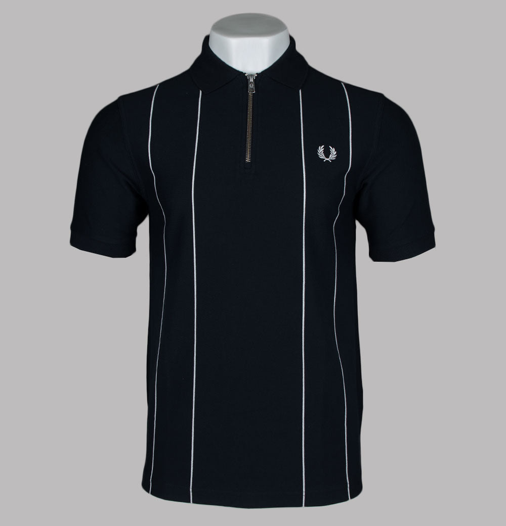 Fred Perry Pinstripe Zip Neck Pique Polo Shirt Navy