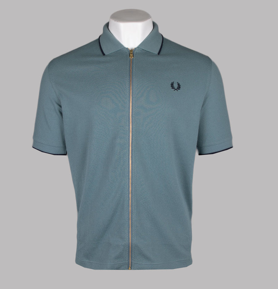 Fred Perry Textured Zip Through Polo Shirt Stockport Blue
