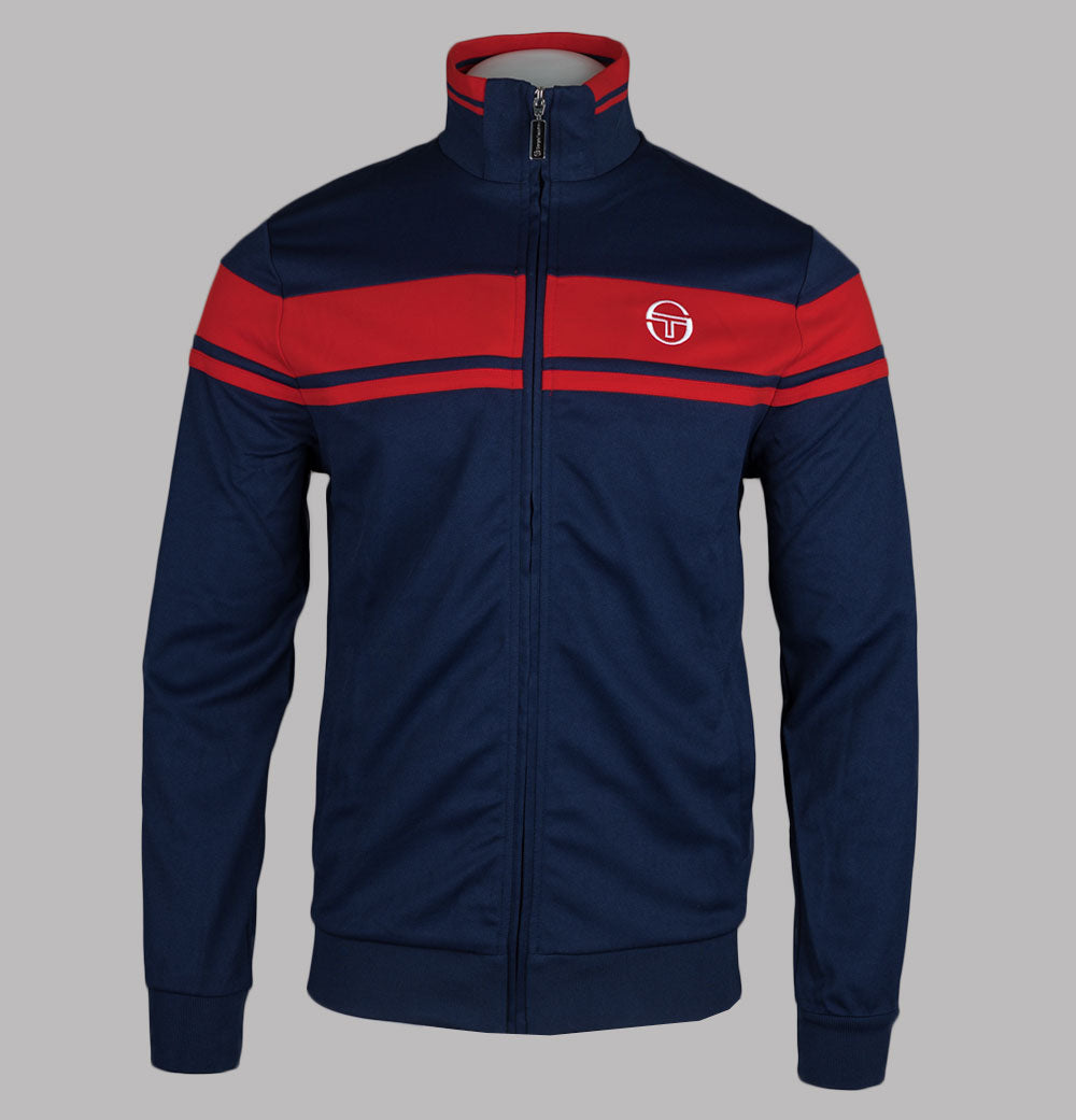 Sergio Tacchini Damarindo Navy blue jacket with red stripes and white embroidered logo.