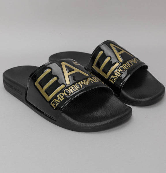 EA7 Sea World Logo Slides Black Gold Bronx Clothing